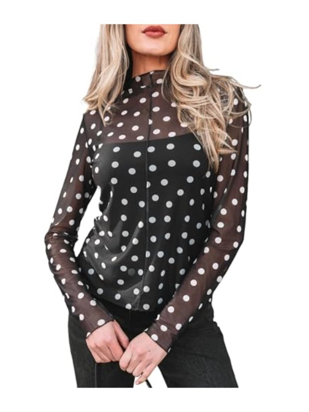 Long Sleeve Mesh Top Floral Sheer Blouse Mock Neck Slim Fit